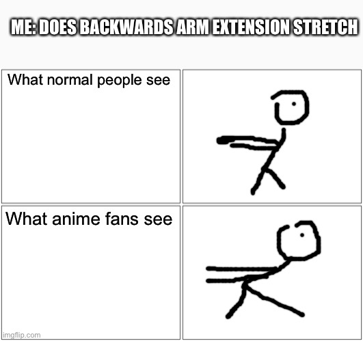 Why? | ME: DOES BACKWARDS ARM EXTENSION STRETCH; What normal people see; What anime fans see | image tagged in memes,blank comic panel 2x2,anime,fans,fandom,stop reading the tags | made w/ Imgflip meme maker