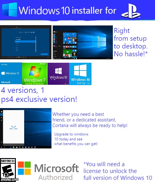 Windows 10 for PlayStation 4! | installer for; Right from setup to desktop. No hassle!*; 4 versions, 1 ps4 exclusive version! Whether you need a best friend, or a dedicated assistant, Cortana will always be ready to help! Upgrade to windows 10 today and see what benefits you can get! *You will need a license to unlock the full version of Windows 10; Authorized | image tagged in ps4 case | made w/ Imgflip meme maker