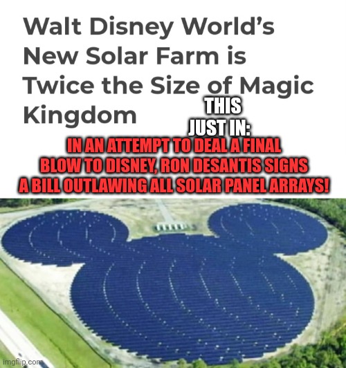 Sounds right!  It is the right, i guess? |  THIS JUST IN:; IN AN ATTEMPT TO DEAL A FINAL BLOW TO DISNEY, RON DESANTIS SIGNS A BILL OUTLAWING ALL SOLAR PANEL ARRAYS! | made w/ Imgflip meme maker