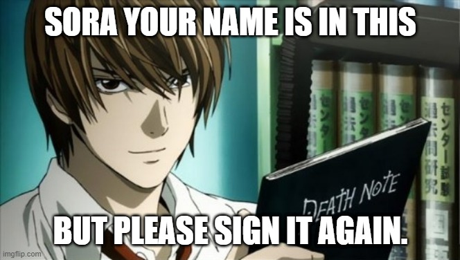 Kingdom Hearts + Death Note | SORA YOUR NAME IS IN THIS; BUT PLEASE SIGN IT AGAIN. | image tagged in kingdom hearts,death note | made w/ Imgflip meme maker