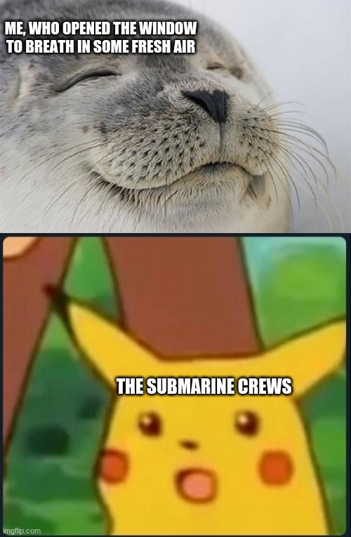 Hol up- | ME, WHO OPENED THE WINDOW TO BREATH IN SOME FRESH AIR; THE SUBMARINE CREWS | image tagged in memes,satisfied seal,surprised pikachu | made w/ Imgflip meme maker