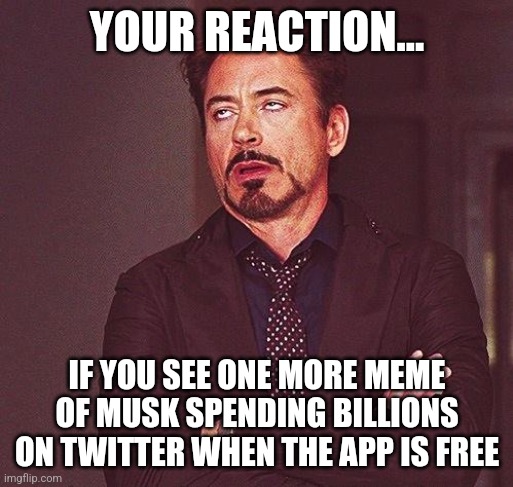 It was funny before 37,444,931 memes with the same joke were made |  YOUR REACTION... IF YOU SEE ONE MORE MEME OF MUSK SPENDING BILLIONS ON TWITTER WHEN THE APP IS FREE | image tagged in robert downey jr annoyed,memes,twitter,elon musk,funny not funny | made w/ Imgflip meme maker