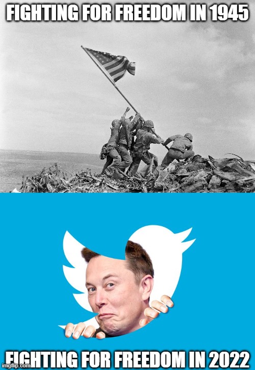Fighting for Freedom | FIGHTING FOR FREEDOM IN 1945; FIGHTING FOR FREEDOM IN 2022 | image tagged in elon musk,freedom of speech,freedom,twitter | made w/ Imgflip meme maker