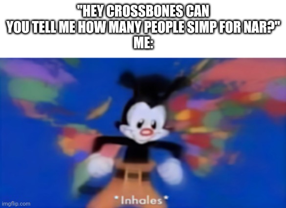 Yakko inhale | "HEY CROSSBONES CAN YOU TELL ME HOW MANY PEOPLE SIMP FOR NAR?"
ME: | image tagged in yakko inhale | made w/ Imgflip meme maker