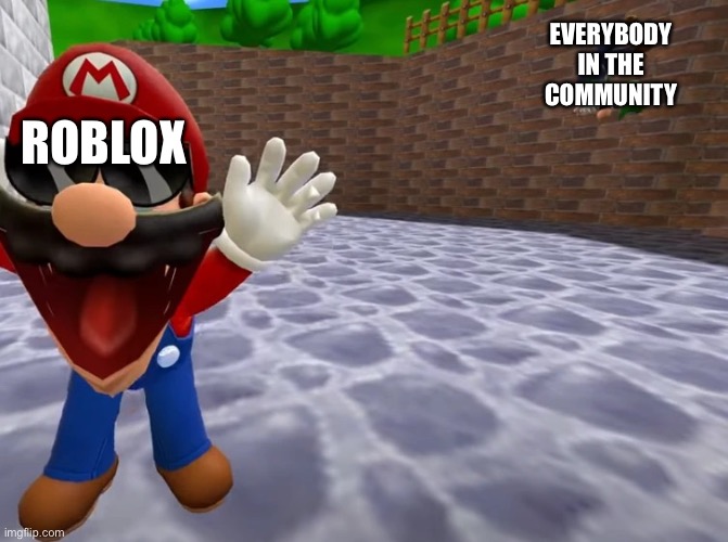 Luigi falling | EVERYBODY IN THE COMMUNITY; ROBLOX | image tagged in luigi falling | made w/ Imgflip meme maker