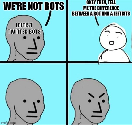Twitter full of leftist bots | OKEY THEN, TELL ME THE DIFFERENCE BETWEEN A BOT AND A LEFTISTS; WE'RE NOT BOTS; LEFTIST TWITTER BOTS | image tagged in npc meme,leftists,bots,twitter | made w/ Imgflip meme maker