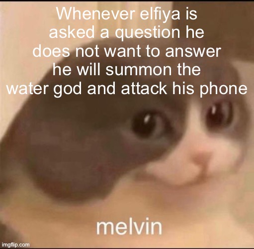 melvin | Whenever elfiya is asked a question he does not want to answer he will summon the water god and attack his phone | image tagged in melvin | made w/ Imgflip meme maker