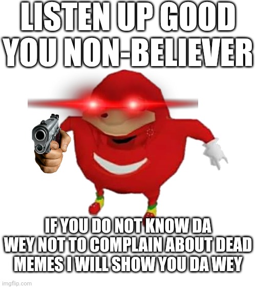 I've had enough of people complaining about dead memes I'm tired of it | LISTEN UP GOOD YOU NON-BELIEVER; IF YOU DO NOT KNOW DA WEY NOT TO COMPLAIN ABOUT DEAD MEMES I WILL SHOW YOU DA WEY | image tagged in blank white template,memes,ugandan knuckles,savage memes,enough is enough,time for a change | made w/ Imgflip meme maker