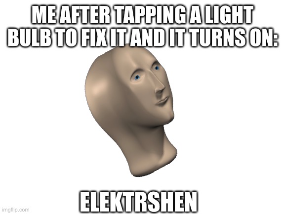 Elektrshen | ME AFTER TAPPING A LIGHT BULB TO FIX IT AND IT TURNS ON:; ELEKTRSHEN | image tagged in blank white template | made w/ Imgflip meme maker