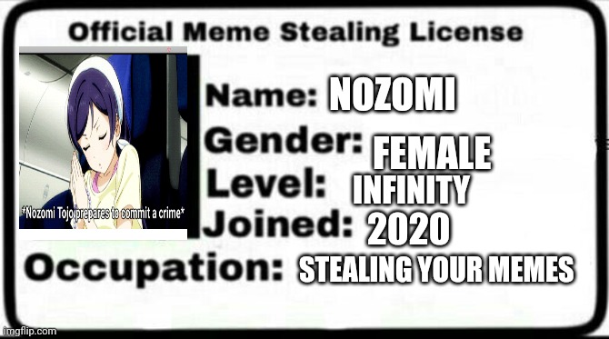 Meme Stealing License | NOZOMI FEMALE INFINITY 2020 STEALING YOUR MEMES | image tagged in meme stealing license | made w/ Imgflip meme maker