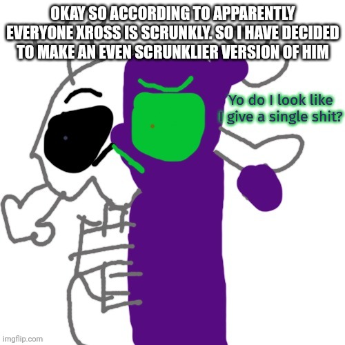 Do I look like i give a shit? | OKAY SO ACCORDING TO APPARENTLY EVERYONE XROSS IS SCRUNKLY. SO I HAVE DECIDED TO MAKE AN EVEN SCRUNKLIER VERSION OF HIM | image tagged in do i look like i give a shit | made w/ Imgflip meme maker