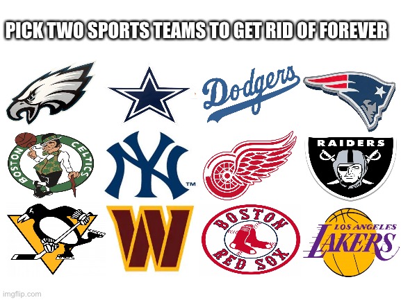 Pick Two Sports Teams To Get Rid Of | PICK TWO SPORTS TEAMS TO GET RID OF FOREVER | image tagged in sports,teams,get rid of forever,interactive,bye bye | made w/ Imgflip meme maker