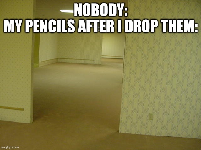 the backrooms now has my pencil case | NOBODY:
MY PENCILS AFTER I DROP THEM: | image tagged in the backrooms | made w/ Imgflip meme maker