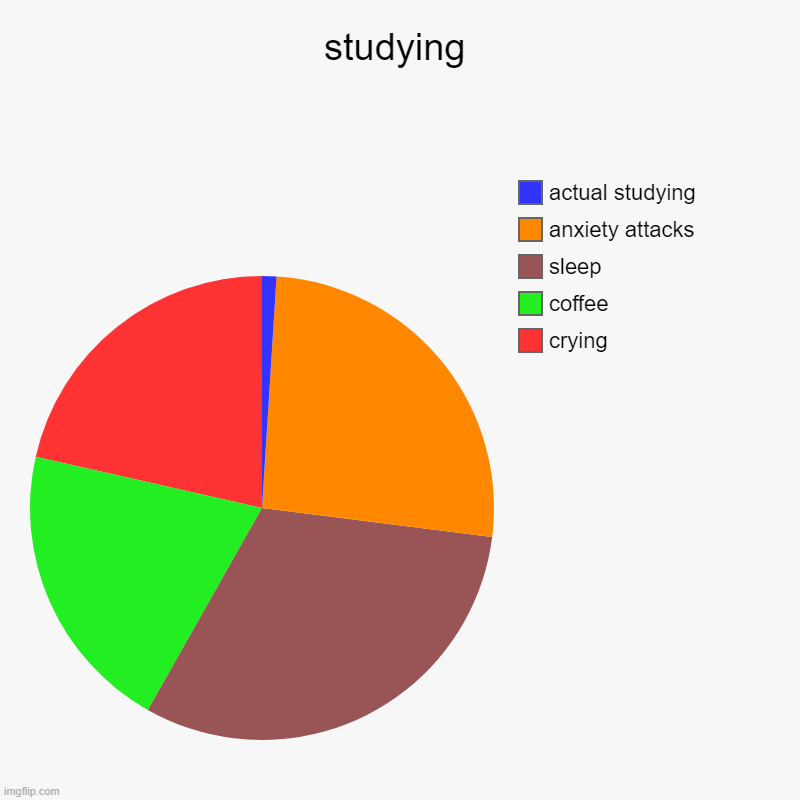 studying is hard | studying | crying, coffee, sleep, anxiety attacks, actual studying | image tagged in charts,pie charts | made w/ Imgflip chart maker