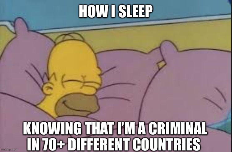 how i sleep homer simpson |  HOW I SLEEP; KNOWING THAT I’M A CRIMINAL IN 70+ DIFFERENT COUNTRIES | image tagged in how i sleep homer simpson | made w/ Imgflip meme maker