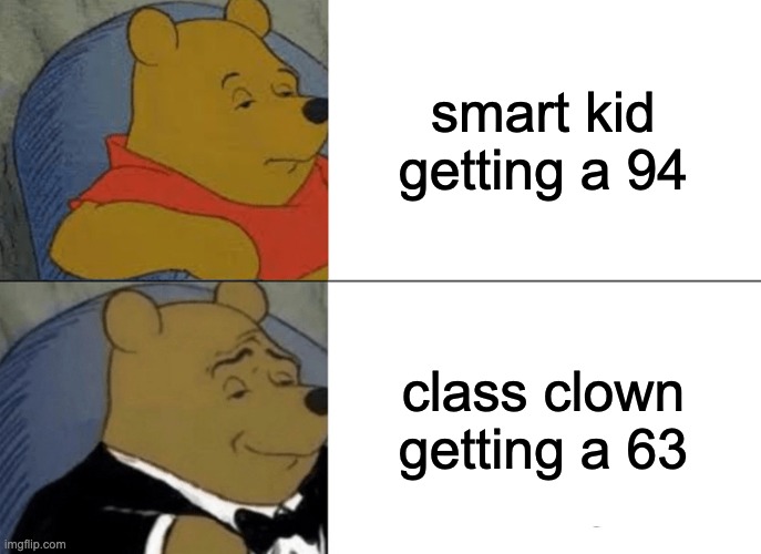 Tuxedo Winnie The Pooh Meme | smart kid getting a 94; class clown getting a 63 | image tagged in memes,tuxedo winnie the pooh | made w/ Imgflip meme maker