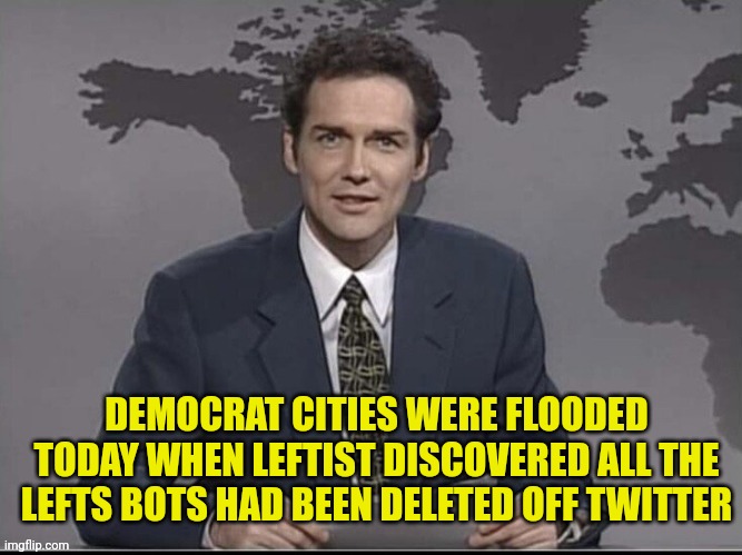 Weekend Update with Norm | DEMOCRAT CITIES WERE FLOODED TODAY WHEN LEFTIST DISCOVERED ALL THE LEFTS BOTS HAD BEEN DELETED OFF TWITTER | image tagged in weekend update with norm | made w/ Imgflip meme maker