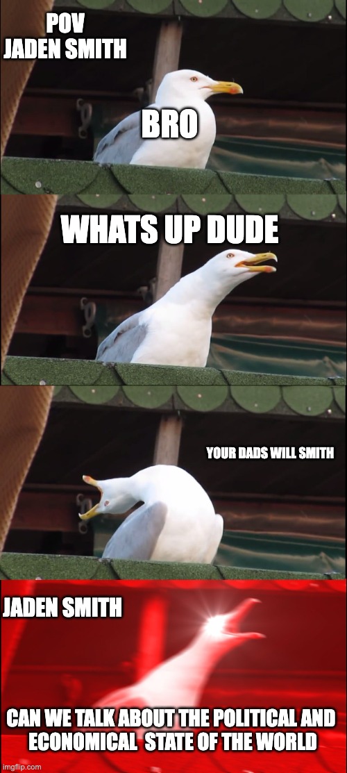 Inhaling Seagull Meme | POV JADEN SMITH; BRO; WHATS UP DUDE; YOUR DADS WILL SMITH; JADEN SMITH; CAN WE TALK ABOUT THE POLITICAL AND 
ECONOMICAL  STATE OF THE WORLD | image tagged in memes,inhaling seagull | made w/ Imgflip meme maker