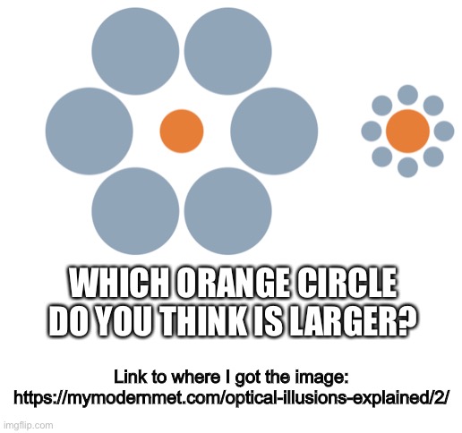 SPOILER: They’re actually the same size | WHICH ORANGE CIRCLE DO YOU THINK IS LARGER? Link to where I got the image: https://mymodernmet.com/optical-illusions-explained/2/ | image tagged in blank white template,illusion | made w/ Imgflip meme maker