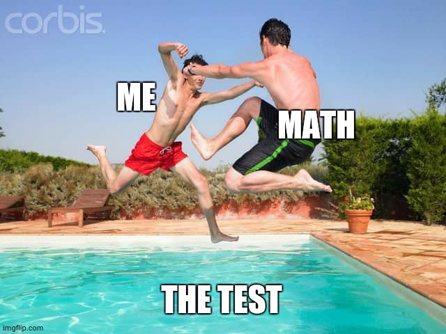 Two Men Fighting Above The Pool | ME THE TEST MATH | image tagged in two men fighting above the pool | made w/ Imgflip meme maker