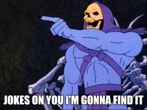 Skeletor | JOKES ON YOU I'M GONNA FIND IT | image tagged in skeletor | made w/ Imgflip meme maker