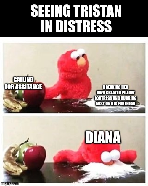 elmo cocaine | SEEING TRISTAN IN DISTRESS; CALLING FOR ASSITANCE; BREAKING HER OWN CREATED PILLOW FORTRESS AND RUBBING MIST ON HIS FOREHEAD; DIANA | image tagged in elmo cocaine | made w/ Imgflip meme maker