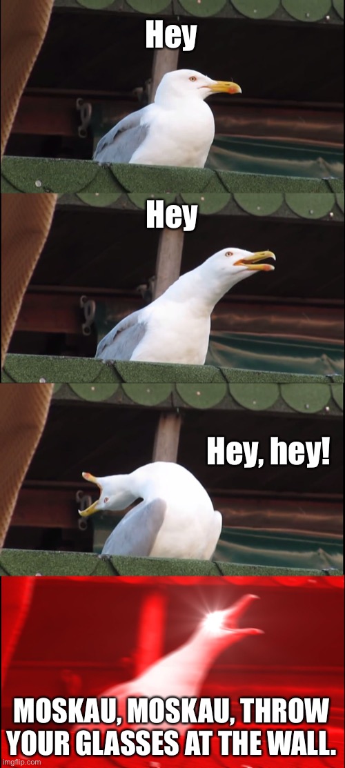 Inhaling Seagull | Hey; Hey; Hey, hey! MOSKAU, MOSKAU, THROW YOUR GLASSES AT THE WALL. | image tagged in memes,inhaling seagull | made w/ Imgflip meme maker