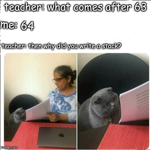 Idk if someone already did this | teacher: what comes after 63; me: 64; teacher: then why did you write a stack? | image tagged in then why did you write | made w/ Imgflip meme maker
