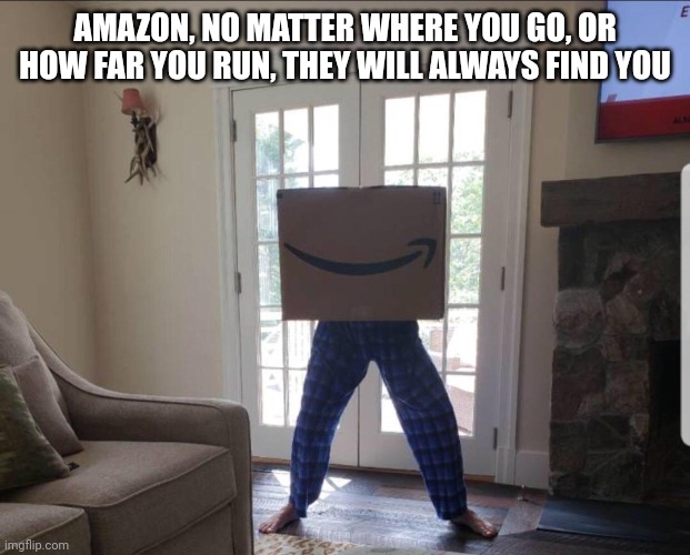 I made a stream about bossfights (Link in comments) | AMAZON, NO MATTER WHERE YOU GO, OR HOW FAR YOU RUN, THEY WILL ALWAYS FIND YOU | image tagged in box,amazon,chase | made w/ Imgflip meme maker