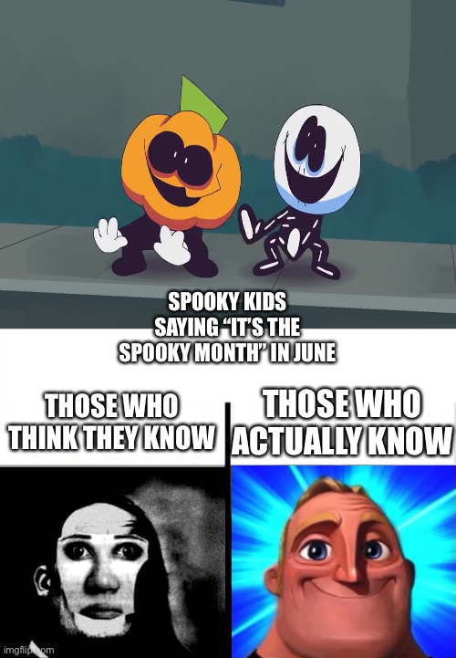 It’s always the spooky month | SPOOKY KIDS SAYING “IT’S THE SPOOKY MONTH” IN JUNE; THOSE WHO ACTUALLY KNOW; THOSE WHO THINK THEY KNOW | image tagged in teacher's copy,spooky month,its always spooky month,fnf,fnf week 2 | made w/ Imgflip meme maker