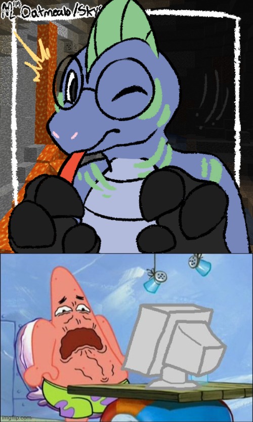 Oh God it's this thing | image tagged in crossbones fursona,patrick star cringing | made w/ Imgflip meme maker