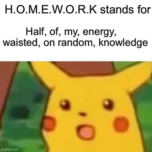 Homework | H.O.M.E.W.O.R.K stands for; Half, of, my, energy, 
waisted, on random, knowledge | image tagged in memes,surprised pikachu | made w/ Imgflip meme maker