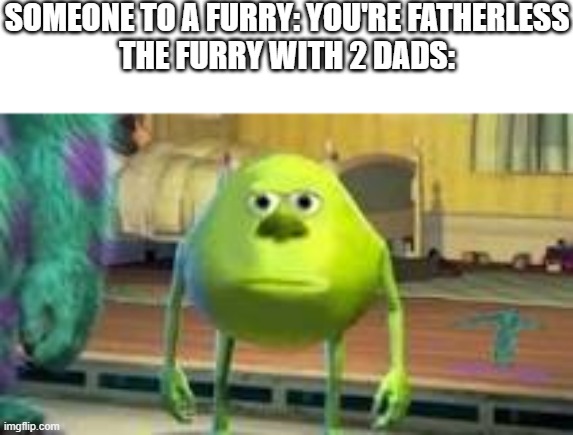 Mike w | SOMEONE TO A FURRY: YOU'RE FATHERLESS
THE FURRY WITH 2 DADS: | image tagged in mike w | made w/ Imgflip meme maker