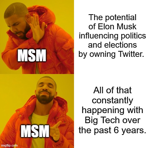 MSNBC in a nutshell | The potential of Elon Musk influencing politics and elections by owning Twitter. MSM; All of that constantly happening with Big Tech over the past 6 years. MSM | image tagged in memes,drake hotline bling | made w/ Imgflip meme maker