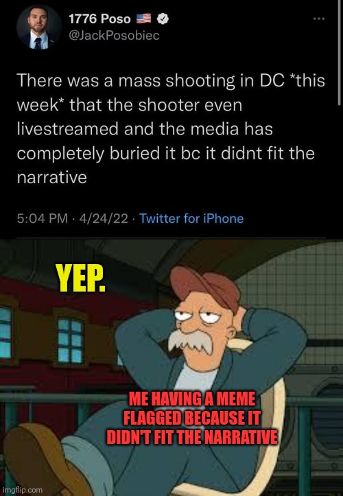 YEP. ME HAVING A MEME FLAGGED BECAUSE IT DIDN'T FIT THE NARRATIVE | image tagged in yep futurama | made w/ Imgflip meme maker