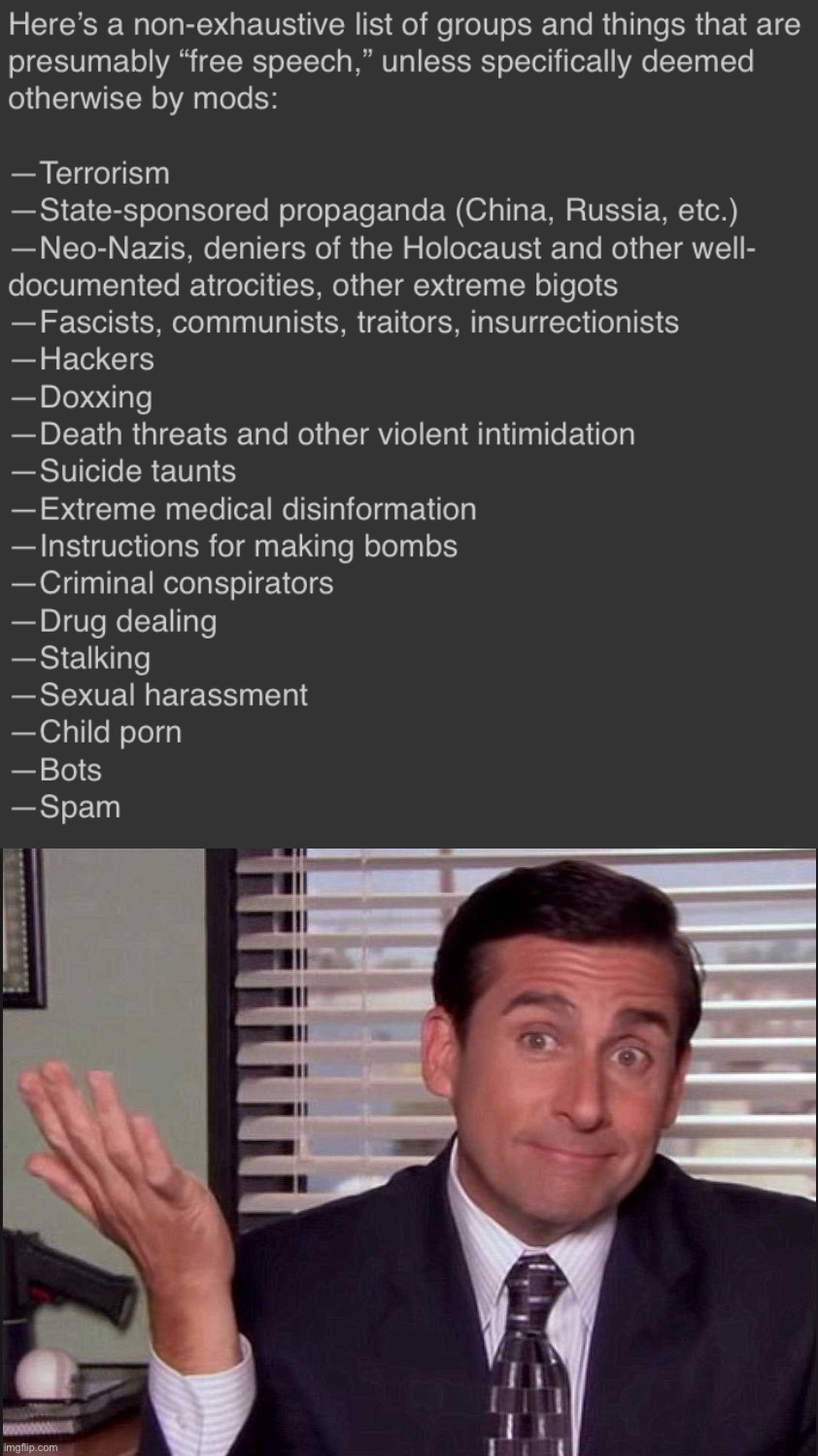 Revisiting the threats that “free speech” poses to democracy. | image tagged in free speech list of nasties,michael scott | made w/ Imgflip meme maker