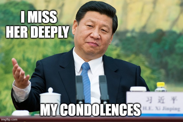 Xi Jinping | I MISS HER DEEPLY MY CONDOLENCES | image tagged in xi jinping | made w/ Imgflip meme maker