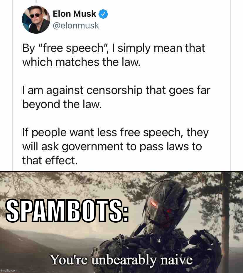 There are many examples of “free speech” that aren’t illegal per se, but are still an obvious violation of terms. | SPAMBOTS: | image tagged in elon musk free speech tweet,you're unbearably naive,spam,twitter,social media,mods | made w/ Imgflip meme maker