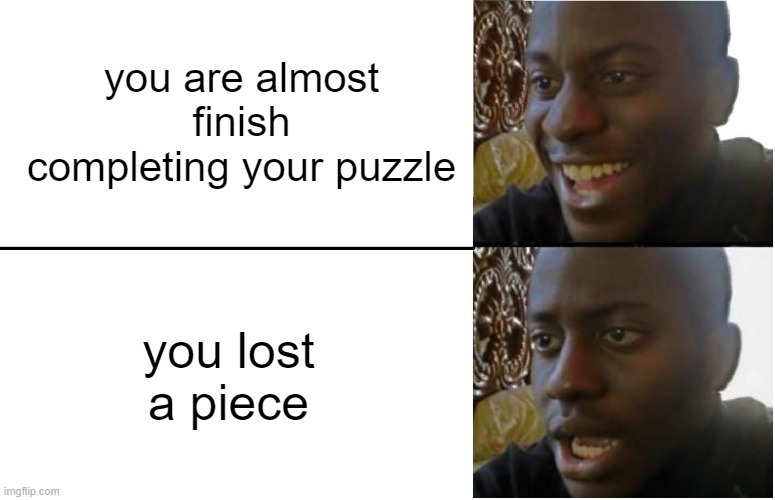 Disappointed Black Guy | you are almost finish completing your puzzle; you lost a piece | image tagged in disappointed black guy | made w/ Imgflip meme maker