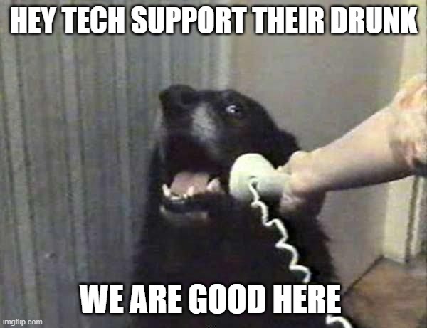 I'm Wasted So It's Time To Call Tech Support |  HEY TECH SUPPORT THEIR DRUNK; WE ARE GOOD HERE | image tagged in dog phone,drunk,drunk dialing,you're drunk | made w/ Imgflip meme maker
