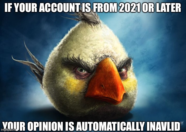 /s | IF YOUR ACCOUNT IS FROM 2021 OR LATER; YOUR OPINION IS AUTOMATICALLY INAVLID | image tagged in angry bird white,2020 gang | made w/ Imgflip meme maker