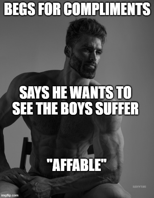 Giga Chad | BEGS FOR COMPLIMENTS; SAYS HE WANTS TO SEE THE BOYS SUFFER; "AFFABLE" | image tagged in giga chad | made w/ Imgflip meme maker