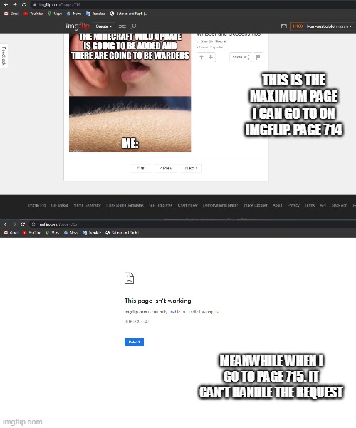 THIS IS THE MAXIMUM PAGE I CAN GO TO ON IMGFLIP. PAGE 714; MEANWHILE WHEN I GO TO PAGE 715. IT CAN'T HANDLE THE REQUEST | made w/ Imgflip meme maker