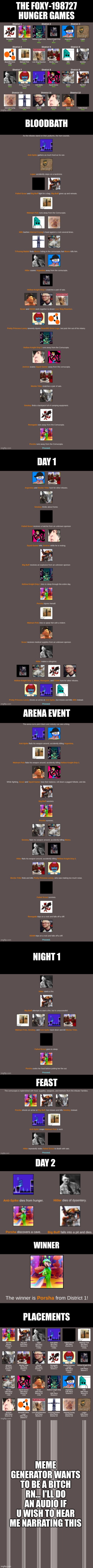 I'll put the audio link in the comments if u guys wanna hear | THE FOXY-198727 HUNGER GAMES; BLOODBATH; DAY 1; ARENA EVENT; NIGHT 1; FEAST; DAY 2; MEME GENERATOR WANTS TO BE A BITCH RN... I'LL DO AN AUDIO IF U WISH TO HEAR ME NARRATING THIS | image tagged in blck | made w/ Imgflip meme maker
