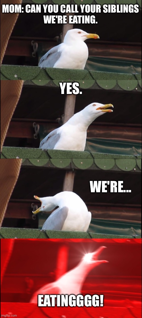 Inhaling Seagull | MOM: CAN YOU CALL YOUR SIBLINGS
WE'RE EATING. YES. WE'RE... EATINGGGG! | image tagged in memes,inhaling seagull | made w/ Imgflip meme maker