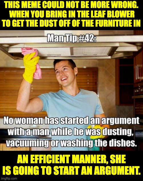 When you don't rinse off the dishes before putting them in the dishwasher, she is going to start an argument. | THIS MEME COULD NOT BE MORE WRONG.  WHEN YOU BRING IN THE LEAF BLOWER TO GET THE DUST OFF OF THE FURNITURE IN; AN EFFICIENT MANNER, SHE IS GOING TO START AN ARGUMENT. | image tagged in marriage | made w/ Imgflip meme maker