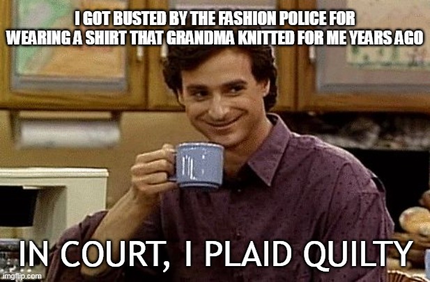 The Right to Live in Style | I GOT BUSTED BY THE FASHION POLICE FOR WEARING A SHIRT THAT GRANDMA KNITTED FOR ME YEARS AGO; IN COURT, I PLAID QUILTY | image tagged in dad joke,meme,memes,humor,dark humor | made w/ Imgflip meme maker