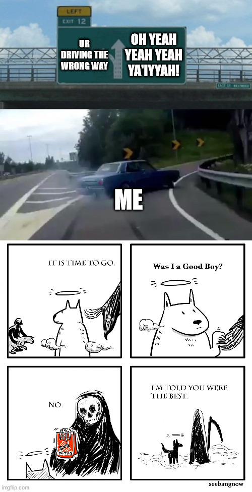 Left Exit YEET | OH YEAH YEAH YEAH YA'IYYAH! UR DRIVING THE WRONG WAY; ME | image tagged in car drift meme,was i a good boy | made w/ Imgflip meme maker