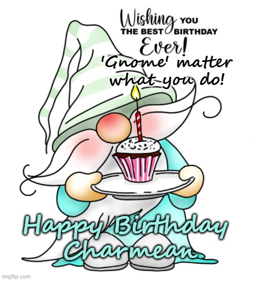 Gnome Happy Birthday |  'Gnome' matter what you do! Happy Birthday 
Charmean | image tagged in charmean,happy birthday,gnome | made w/ Imgflip meme maker