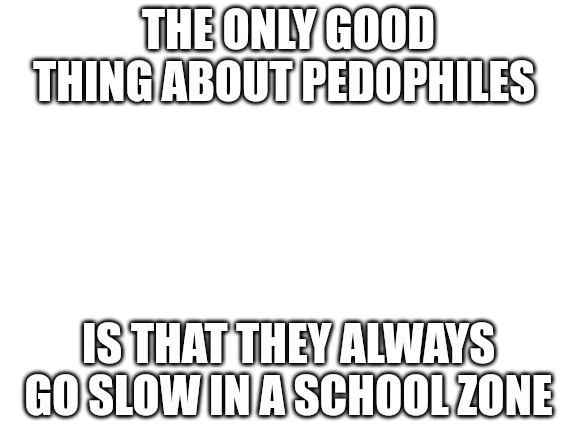 Blank White Template | THE ONLY GOOD THING ABOUT PEDOPHILES; IS THAT THEY ALWAYS GO SLOW IN A SCHOOL ZONE | image tagged in blank white template | made w/ Imgflip meme maker